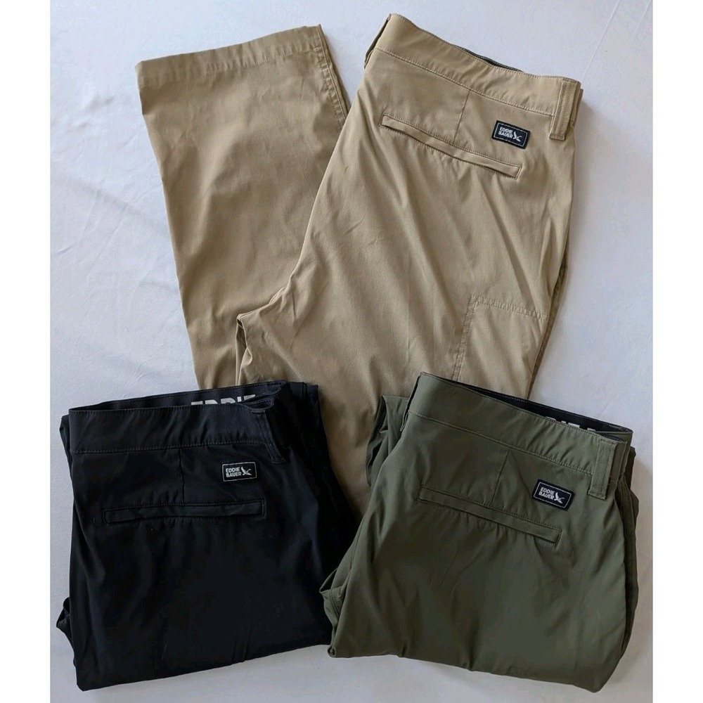 Lot of 3 Eddie Bauer Tech Hiking Pants Mens 38x32 Nylon Stretch Tan Green Black